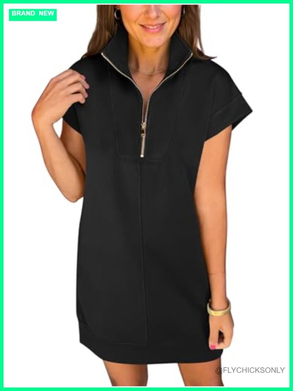 Half Zip Cap Sleeve Wrinkle-Free Tshirt Dress
